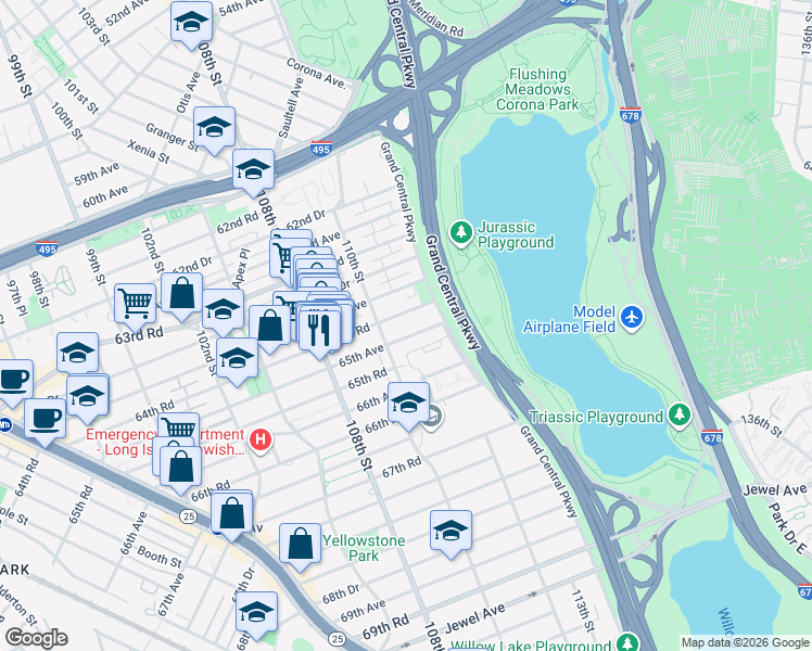 map of restaurants, bars, coffee shops, grocery stores, and more near 64-45 110th Street in Queens
