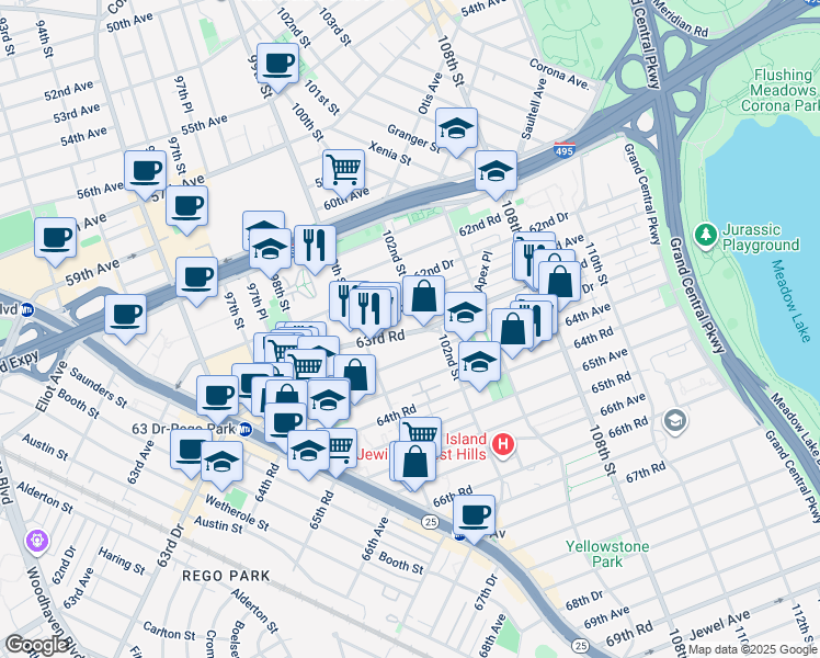 map of restaurants, bars, coffee shops, grocery stores, and more near 99-44 63rd Road in Queens
