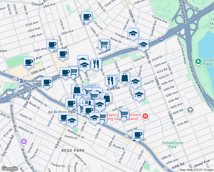 map of restaurants, bars, coffee shops, grocery stores, and more near 9900 63rd Road in Queens