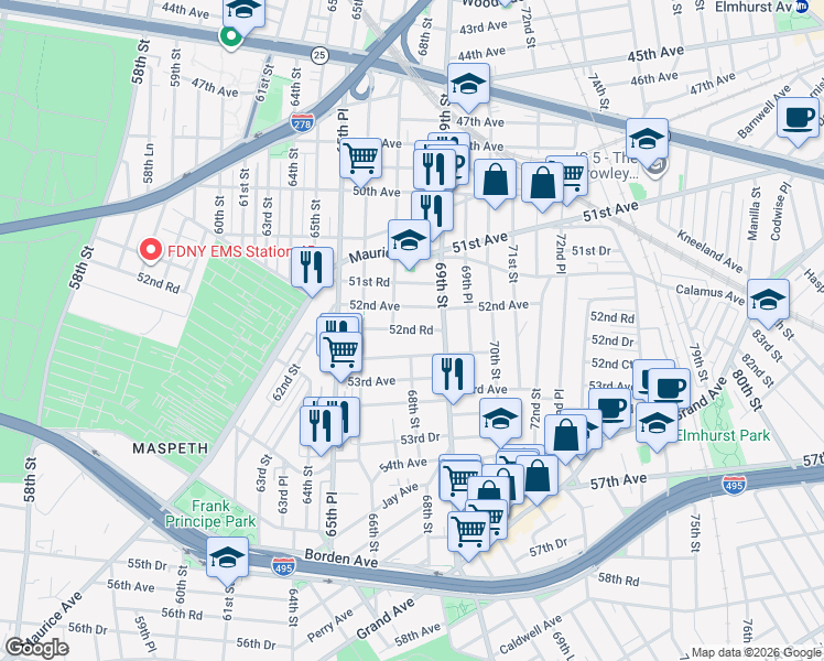 map of restaurants, bars, coffee shops, grocery stores, and more near 66-43 52nd Drive in Queens