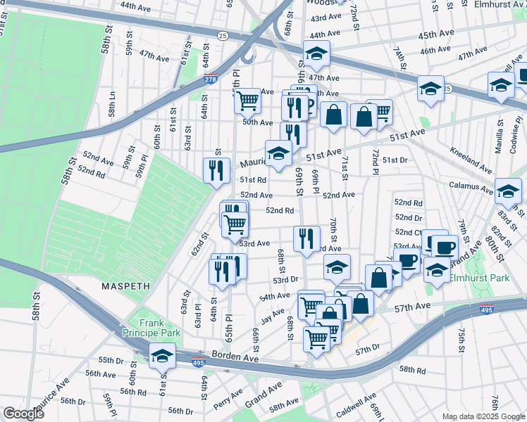 map of restaurants, bars, coffee shops, grocery stores, and more near 66-43 52nd Drive in Queens