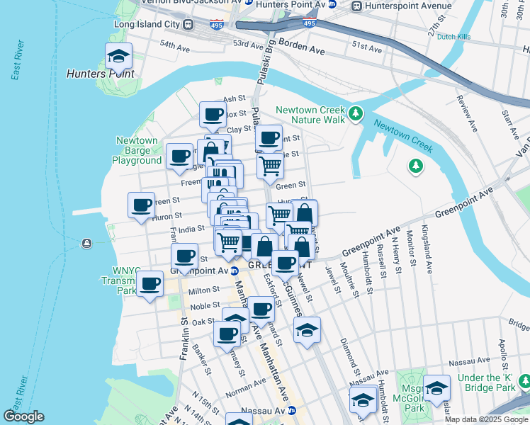 map of restaurants, bars, coffee shops, grocery stores, and more near 171 India Street in Brooklyn