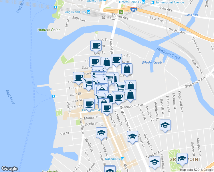 map of restaurants, bars, coffee shops, grocery stores, and more near 171 India Street in Brooklyn