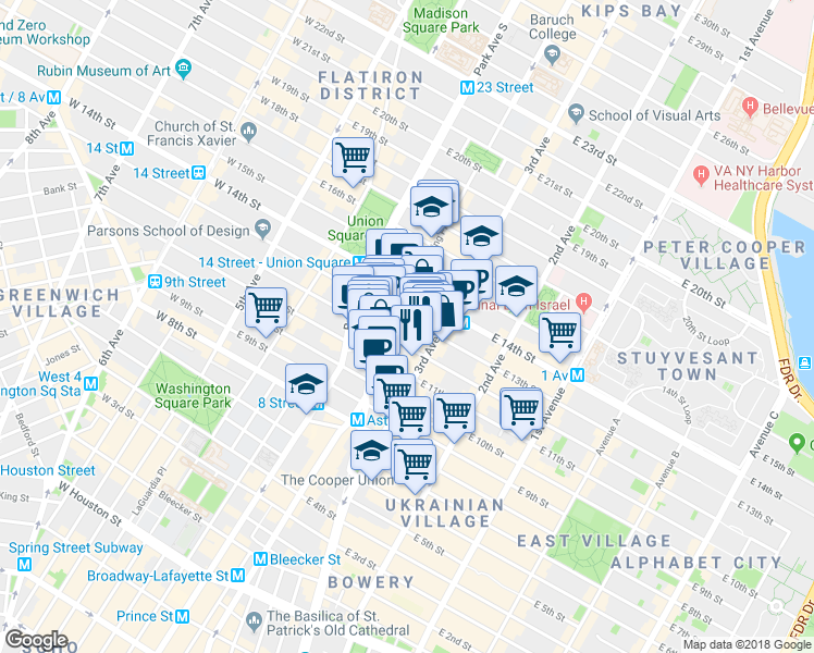 map of restaurants, bars, coffee shops, grocery stores, and more near 108 East 12th Street in New York