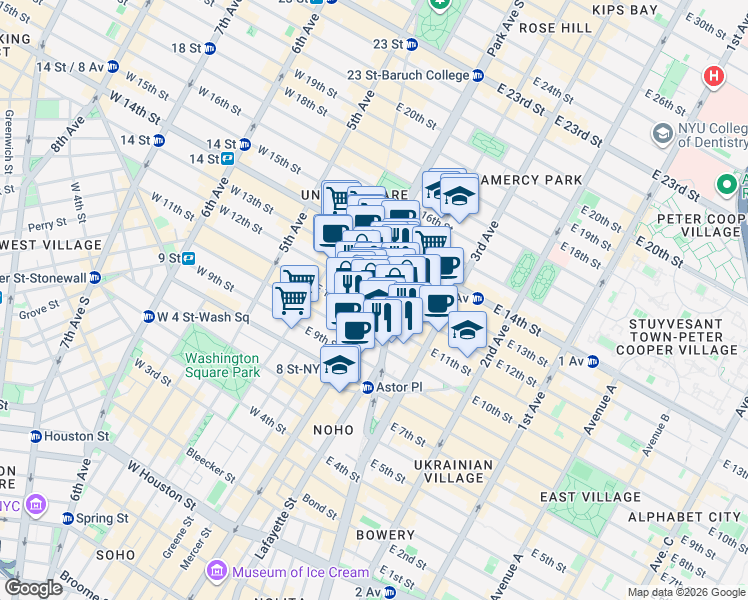 map of restaurants, bars, coffee shops, grocery stores, and more near in New York