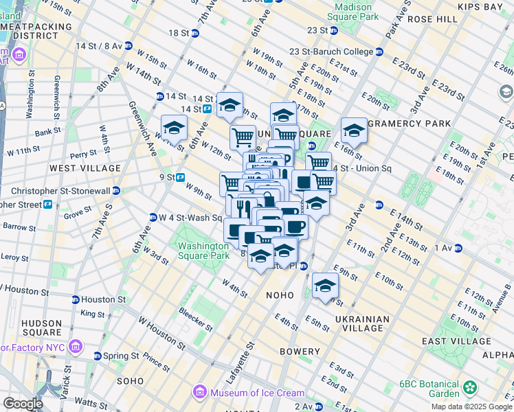 map of restaurants, bars, coffee shops, grocery stores, and more near 21 East 10th Street in New York