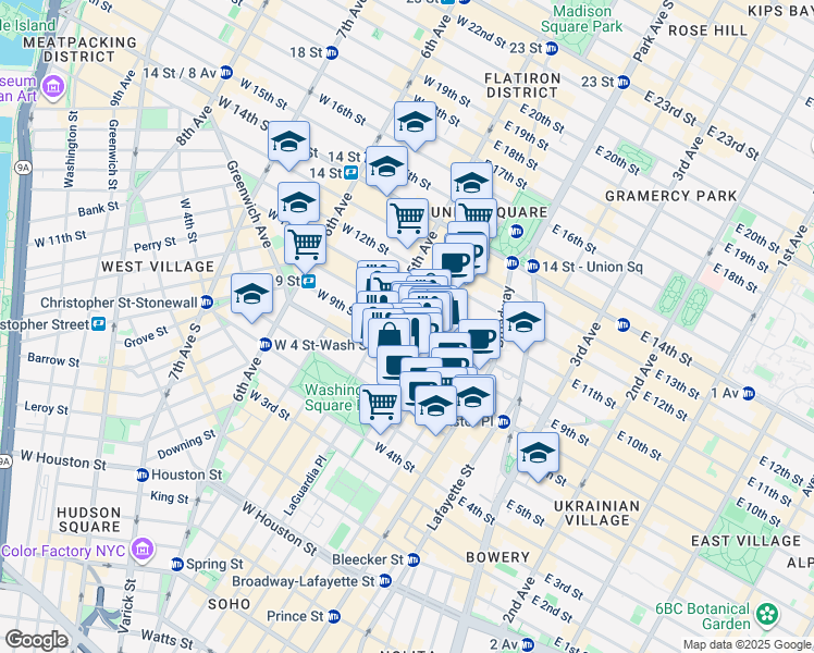 map of restaurants, bars, coffee shops, grocery stores, and more near 13 East 9th Street in New York