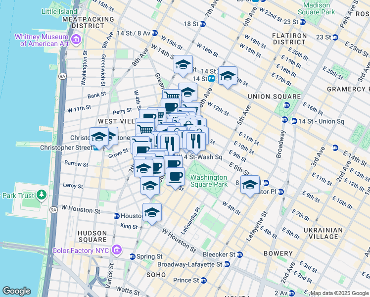 map of restaurants, bars, coffee shops, grocery stores, and more near 340 6th Avenue in New York