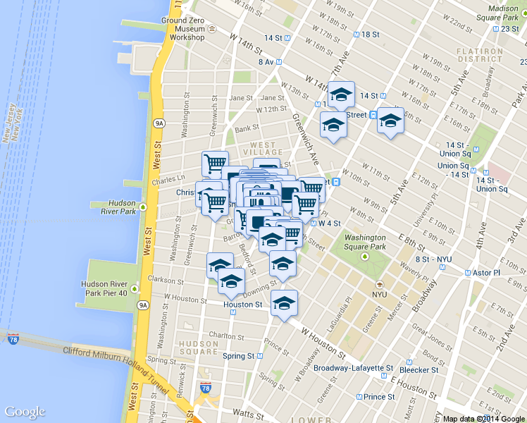 map of restaurants, bars, coffee shops, grocery stores, and more near in New York