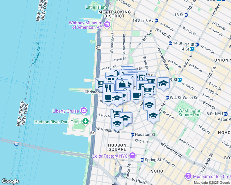 map of restaurants, bars, coffee shops, grocery stores, and more near 487 Hudson Street in New York
