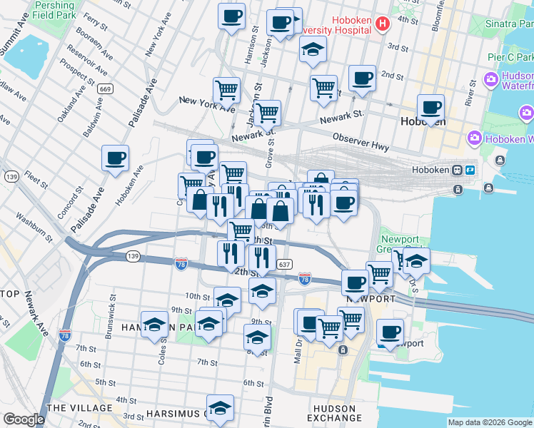 map of restaurants, bars, coffee shops, grocery stores, and more near in Jersey City