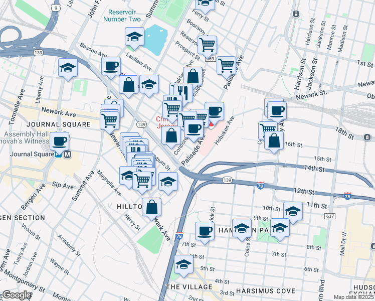 map of restaurants, bars, coffee shops, grocery stores, and more near 91 Palisade Avenue in Jersey City