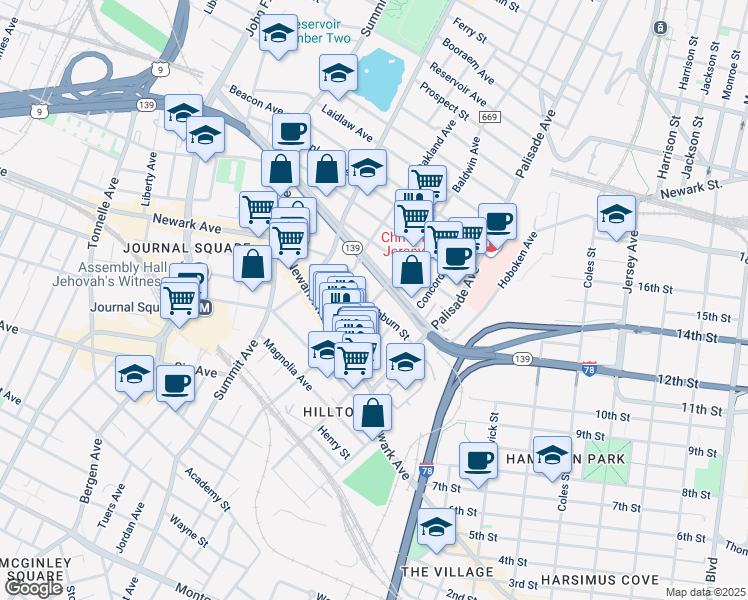 map of restaurants, bars, coffee shops, grocery stores, and more near 46 Washburn Street in Jersey City