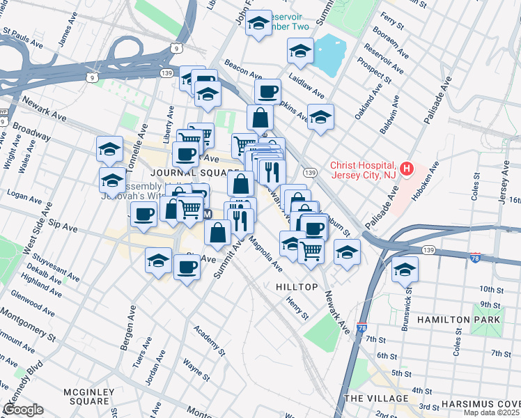map of restaurants, bars, coffee shops, grocery stores, and more near 600 Pavonia Avenue in Jersey City