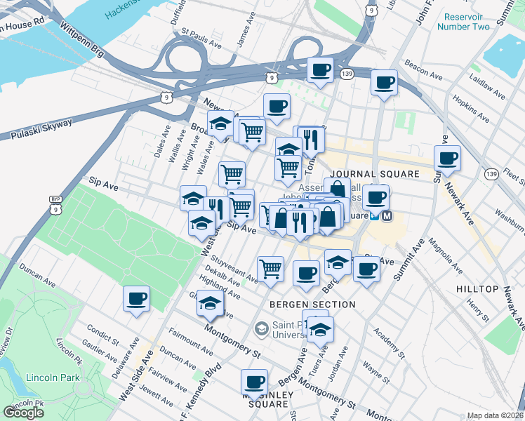 map of restaurants, bars, coffee shops, grocery stores, and more near in Jersey City