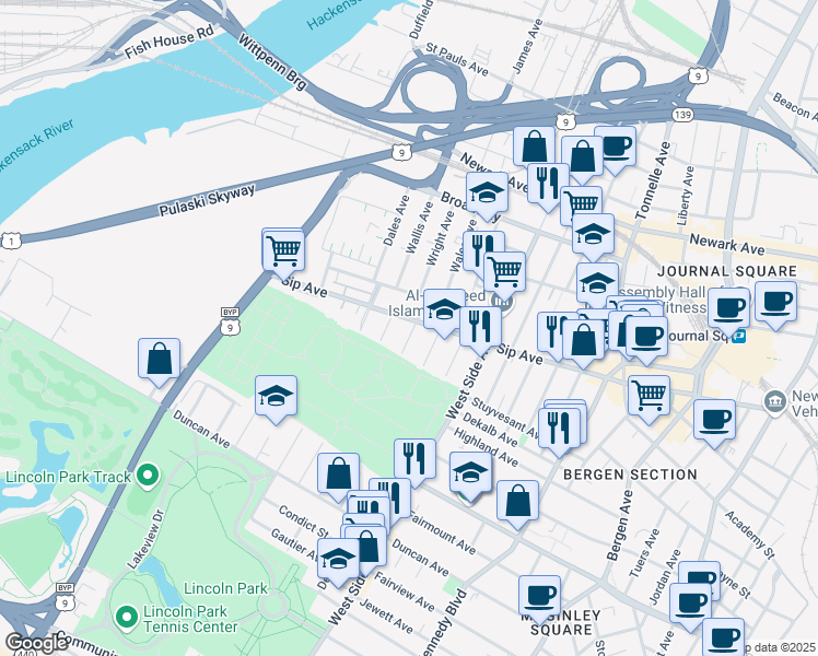 map of restaurants, bars, coffee shops, grocery stores, and more near 11 Bryant Avenue in Jersey City