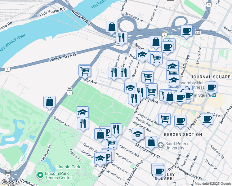 map of restaurants, bars, coffee shops, grocery stores, and more near 11 Bryant Avenue in Jersey City
