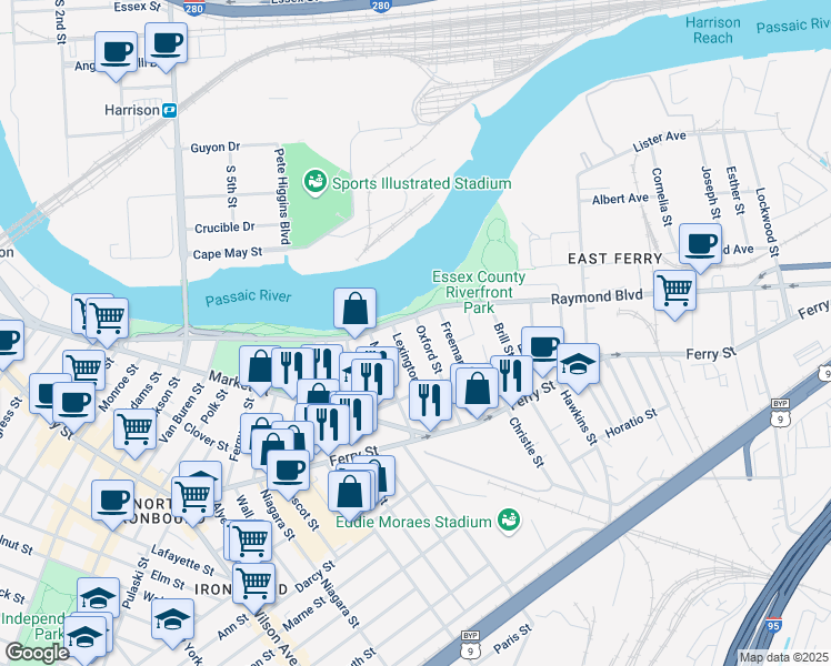 map of restaurants, bars, coffee shops, grocery stores, and more near 17 Oxford Street in Newark