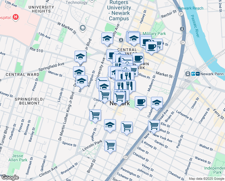 map of restaurants, bars, coffee shops, grocery stores, and more near 907-913 Broad Street in Newark