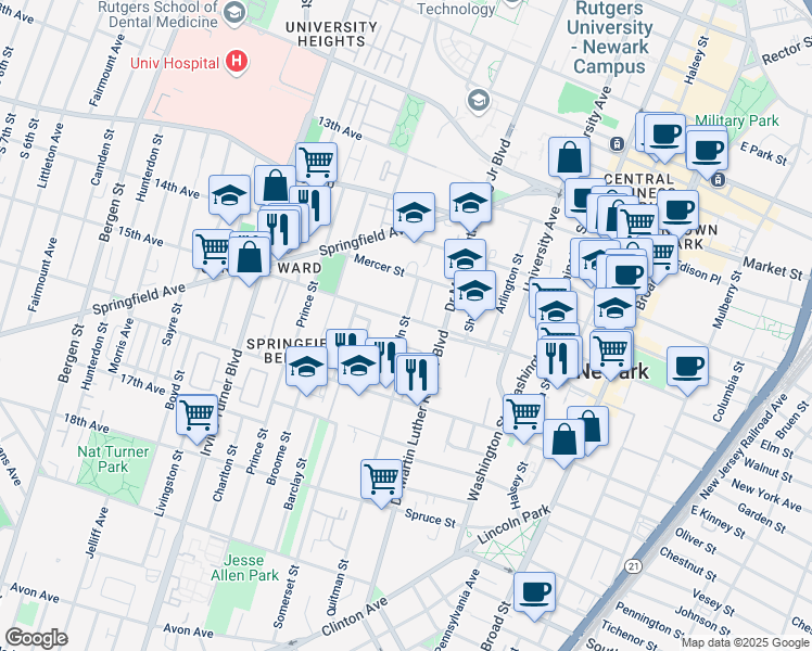 map of restaurants, bars, coffee shops, grocery stores, and more near 21 Doby Place in Newark