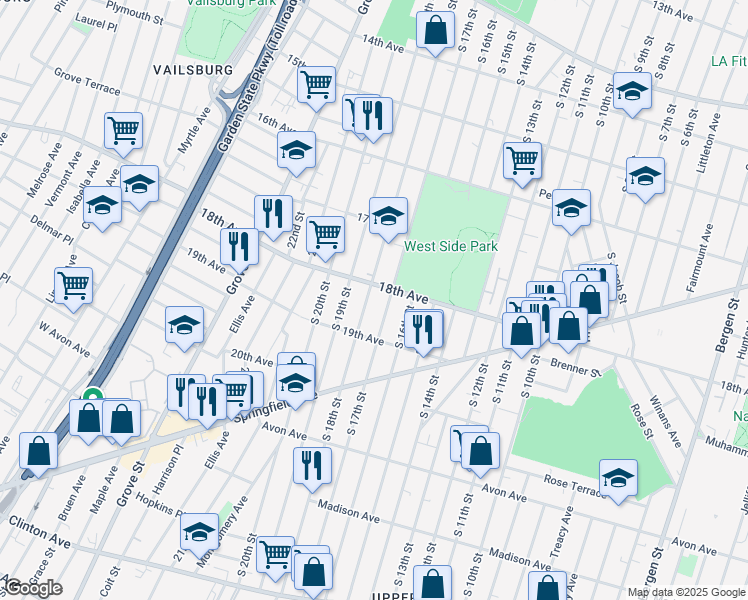 map of restaurants, bars, coffee shops, grocery stores, and more near 685 South 17th Street in Newark