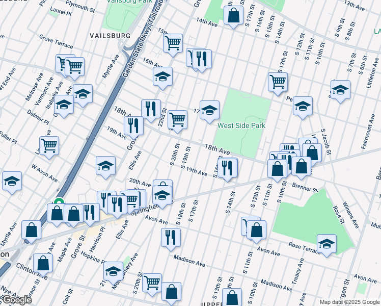 map of restaurants, bars, coffee shops, grocery stores, and more near 699 South 19th Street in Newark