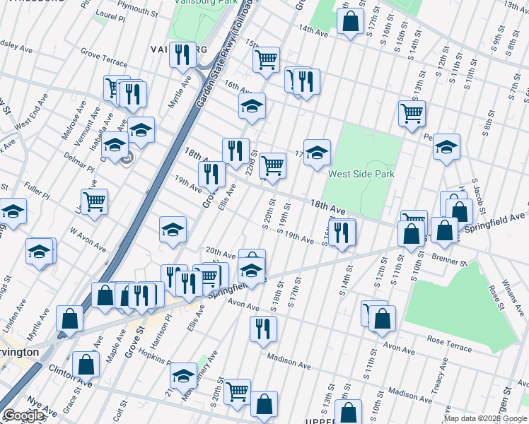 map of restaurants, bars, coffee shops, grocery stores, and more near 112 19th Avenue in Irvington