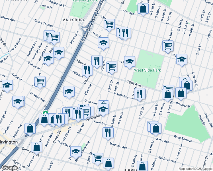 map of restaurants, bars, coffee shops, grocery stores, and more near 112 19th Avenue in Irvington