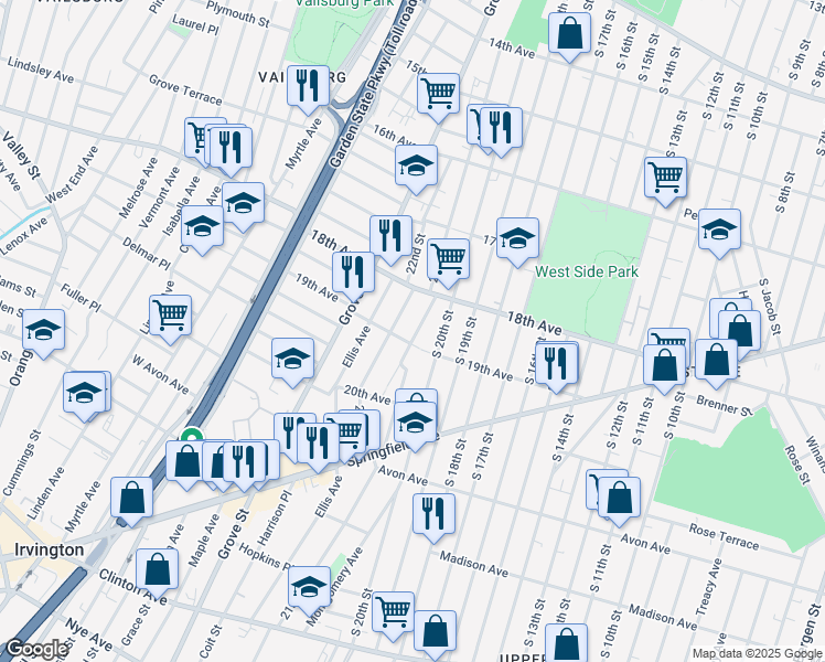 map of restaurants, bars, coffee shops, grocery stores, and more near 112 19th Avenue in Irvington