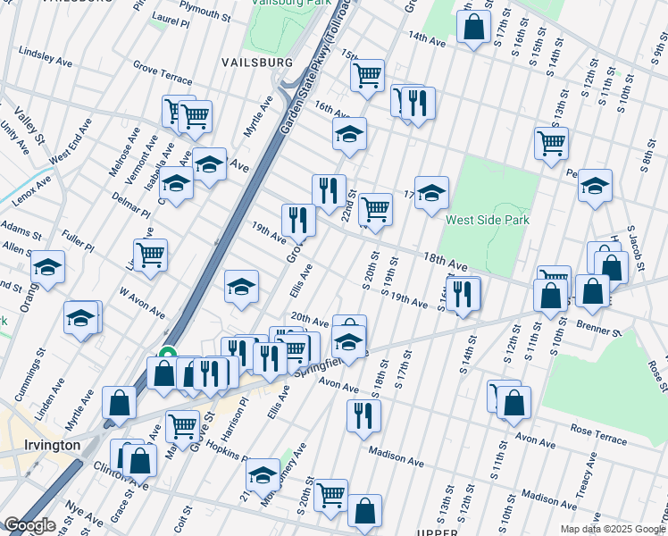 map of restaurants, bars, coffee shops, grocery stores, and more near 100 22nd Street in Irvington
