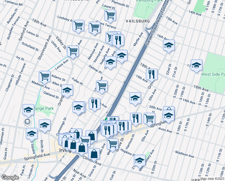 map of restaurants, bars, coffee shops, grocery stores, and more near 206 Myrtle Avenue in Irvington