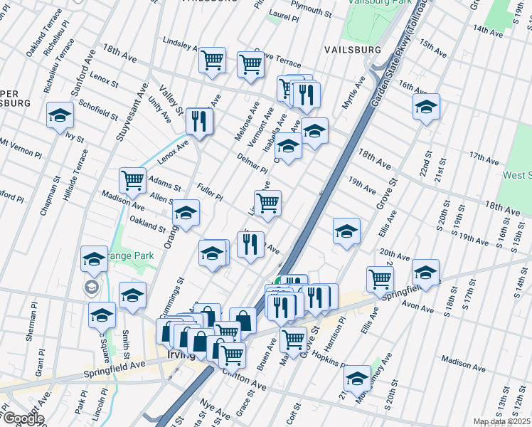 map of restaurants, bars, coffee shops, grocery stores, and more near 15 Fuller Place in Irvington