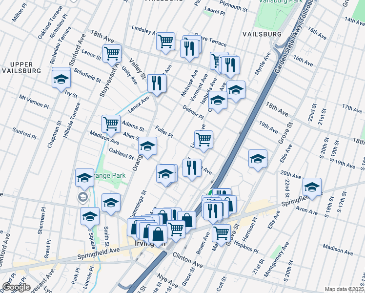 map of restaurants, bars, coffee shops, grocery stores, and more near 372 Isabella Avenue in Irvington