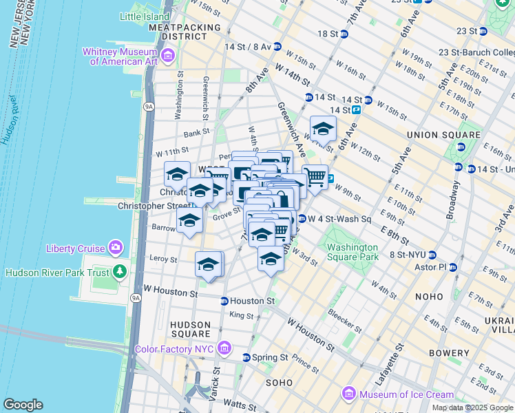 map of restaurants, bars, coffee shops, grocery stores, and more near 7th Avenue South in New York