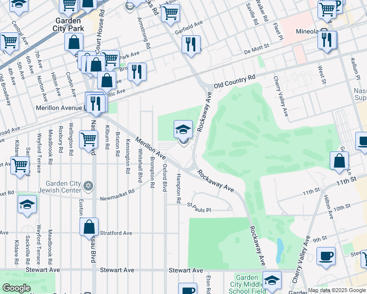 map of restaurants, bars, coffee shops, grocery stores, and more near 170 Rockaway Avenue in Garden City