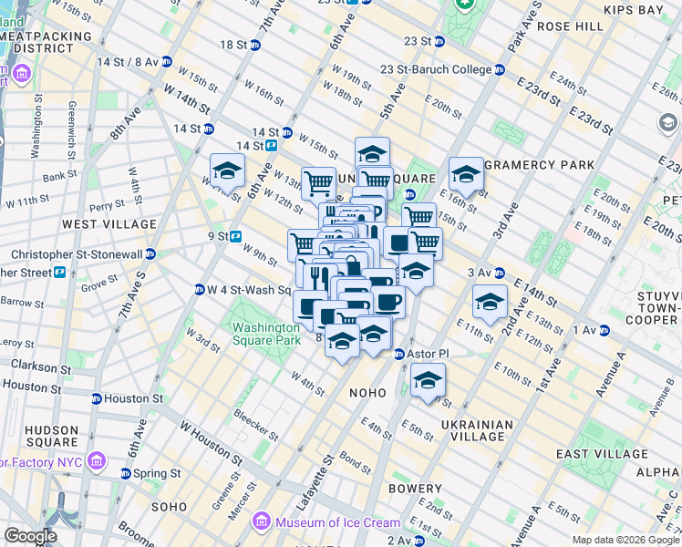 map of restaurants, bars, coffee shops, grocery stores, and more near 23 East 10th Street in New York