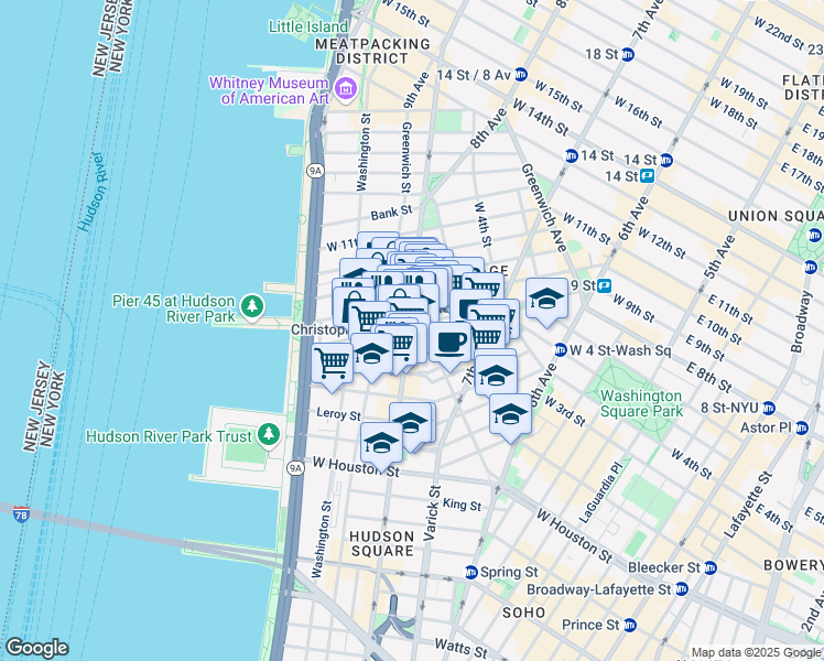 map of restaurants, bars, coffee shops, grocery stores, and more near 483 Hudson Street in New York
