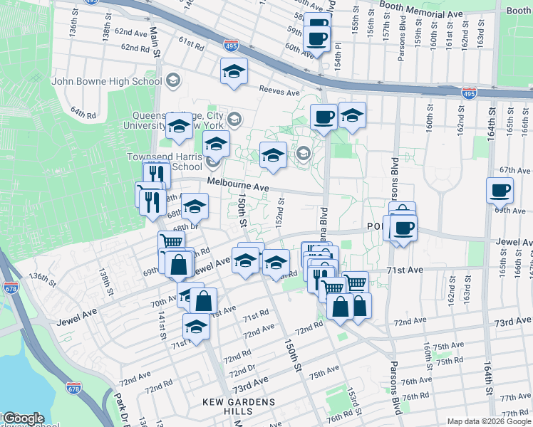 map of restaurants, bars, coffee shops, grocery stores, and more near 67-66 152nd Street in Queens