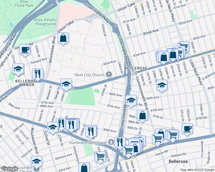 map of restaurants, bars, coffee shops, grocery stores, and more near 85-34 239th Street in Queens