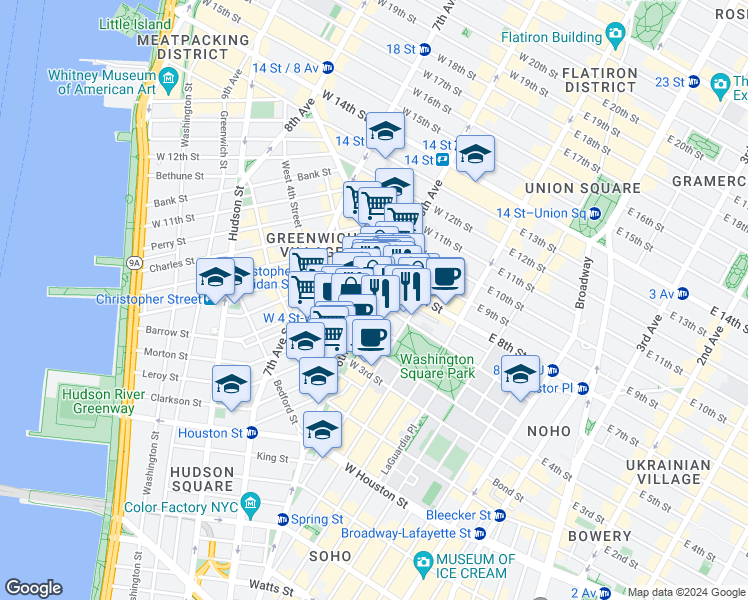 map of restaurants, bars, coffee shops, grocery stores, and more near 133 Waverly Place in New York