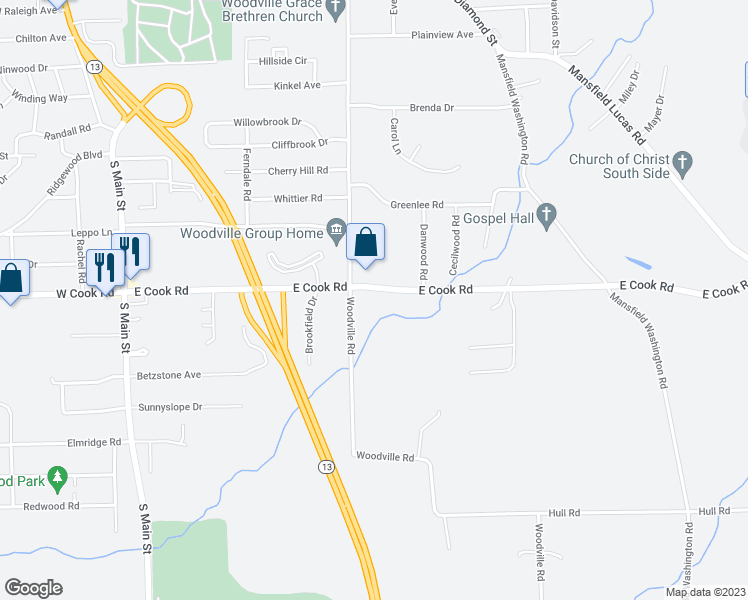 map of restaurants, bars, coffee shops, grocery stores, and more near 130 East Cook Road in Mansfield