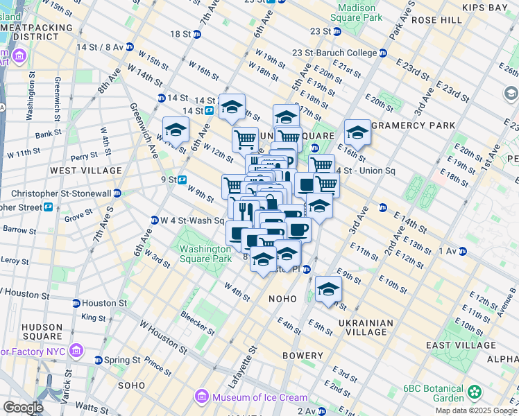 map of restaurants, bars, coffee shops, grocery stores, and more near 28 East 10th Street in New York