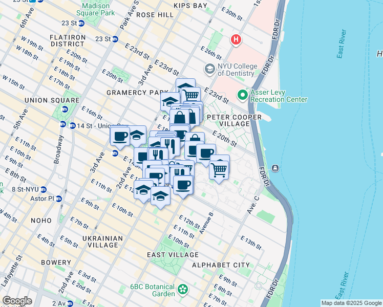 map of restaurants, bars, coffee shops, grocery stores, and more near 276 First Avenue Loop in New York