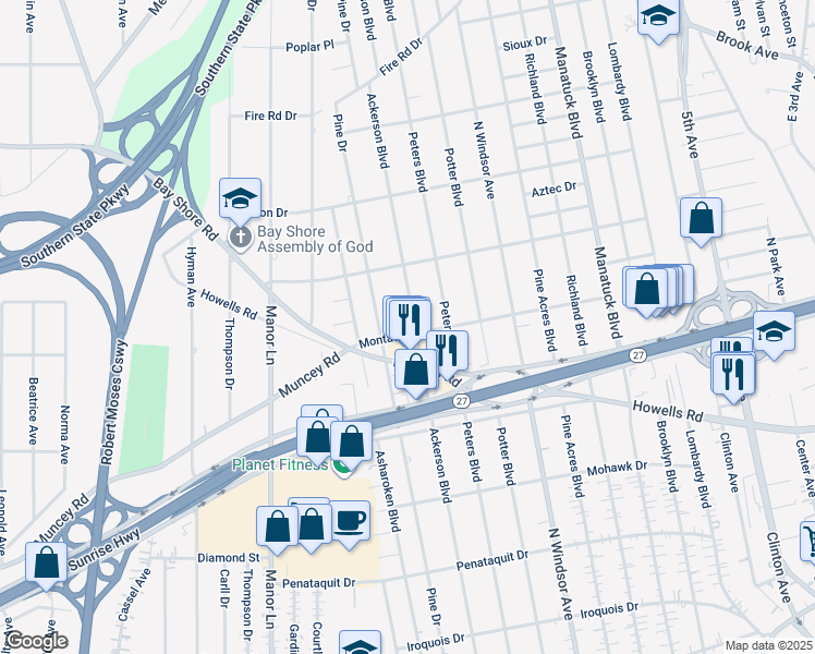 map of restaurants, bars, coffee shops, grocery stores, and more near 200 East Main Street in Bay Shore