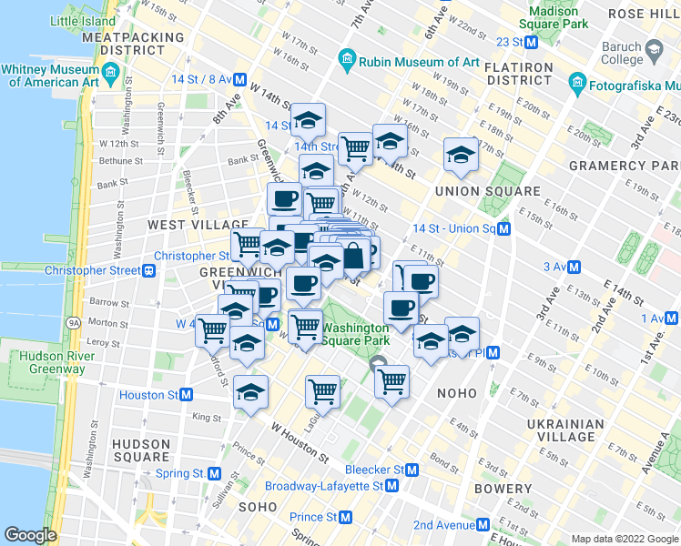 map of restaurants, bars, coffee shops, grocery stores, and more near Macdougal St & W 8th St in New York