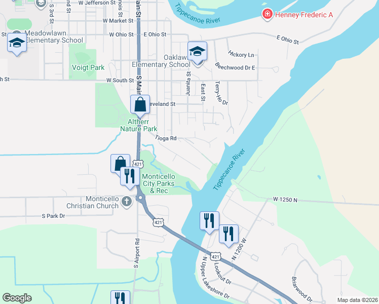 map of restaurants, bars, coffee shops, grocery stores, and more near 221-499 Armory Rd in Monticello