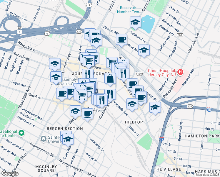 map of restaurants, bars, coffee shops, grocery stores, and more near 615 Pavonia Avenue in Jersey City