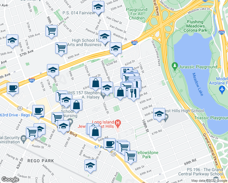 map of restaurants, bars, coffee shops, grocery stores, and more near 63-55 102nd Street in Queens