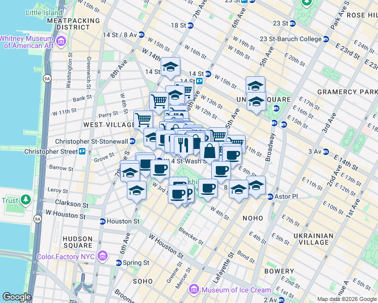 map of restaurants, bars, coffee shops, grocery stores, and more near West 8th Street in New York