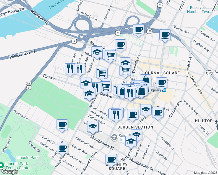 map of restaurants, bars, coffee shops, grocery stores, and more near in Jersey City